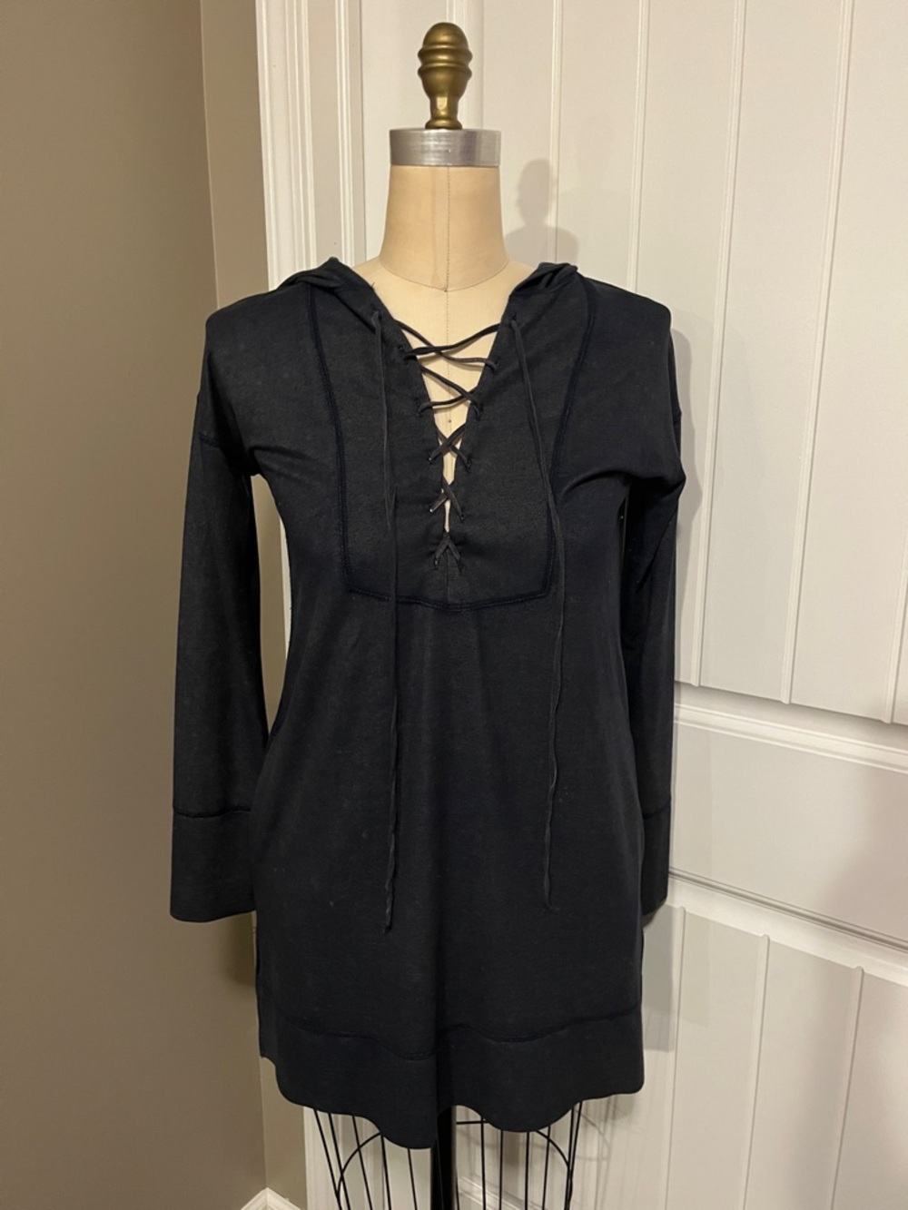 Navy Blue Lace-Up Hoodie Tunic
